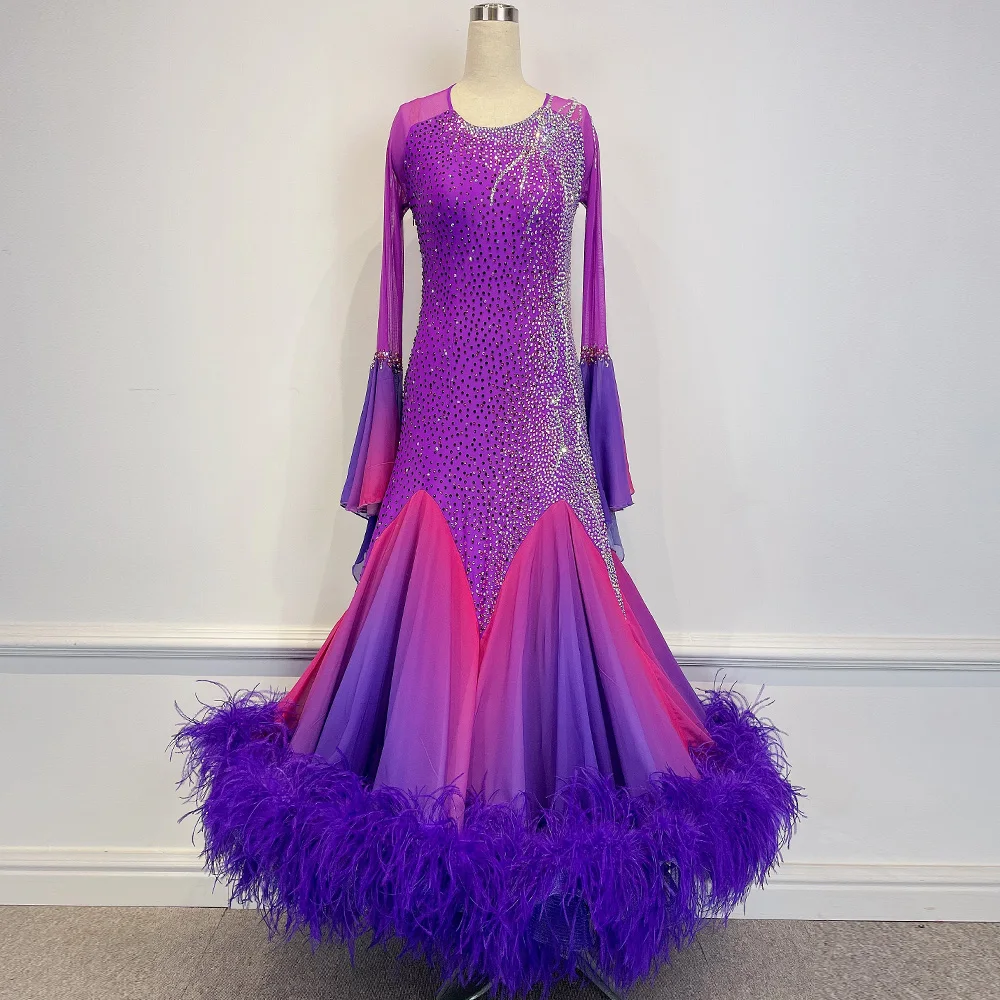 2024 New Shading Purple On pink Standard Ballroom Modern Waltz Dance Competition Dress Lady Dancing Skirt With Feather