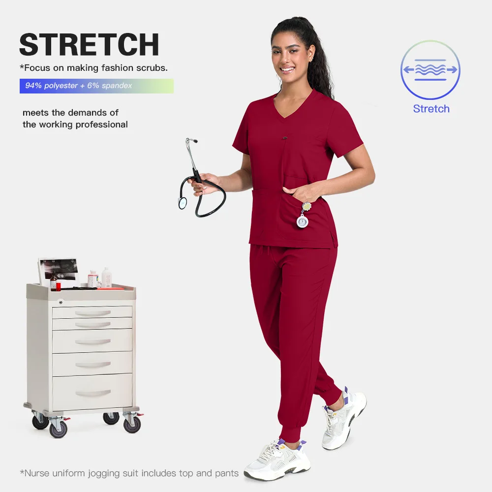 V Neck Scrub Short Sleeve Medical Uniforms Drawstring Jogger Pants Multi Pockets Stretch Nursing Suit Clinic Hospital Workwear