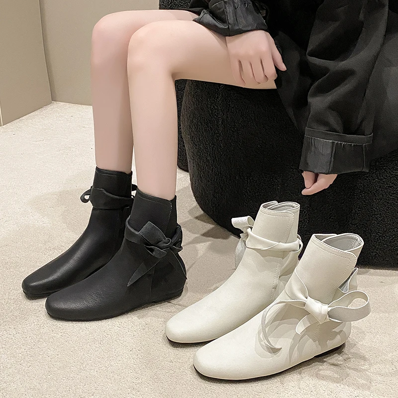 Square toe women's boots 2024 winter new butterfly bow flat bottomed square toe fashionable short boots look slim women's boots