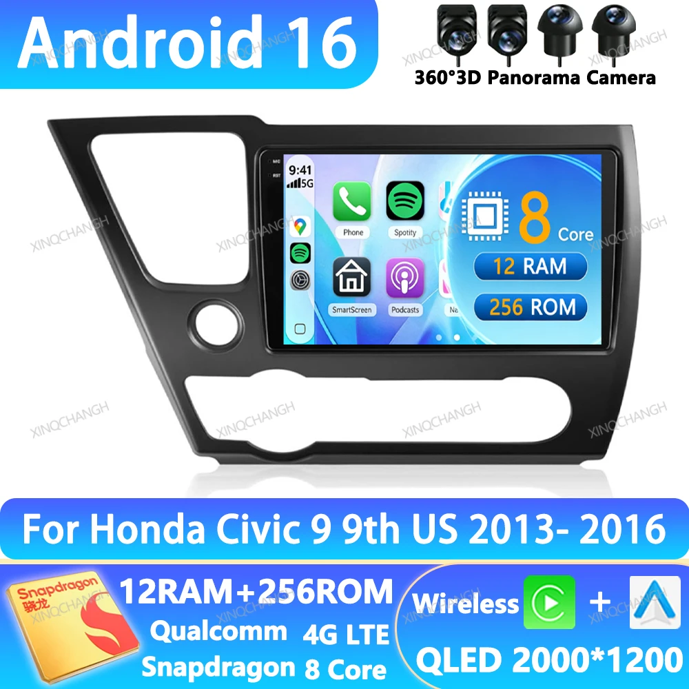 Android 16 Car Radio For Honda Civic 9 9th US Sender GPS 4G LTE 5G WIFI 2DIN Multimedia Stereo Video Player Head Unit Navigation