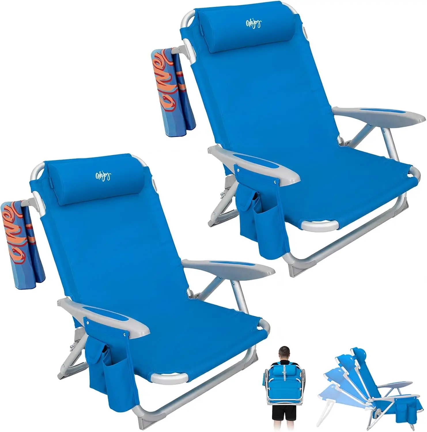Beach Chair Adults Reclining Adjustable Position Lay Flat Lightweight Folding Portable Aluminum Backpack Straps Padded Headrest