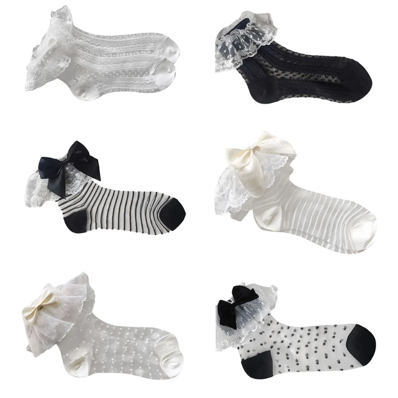 

Sweet Ruffle Lace Ankle Socks Mesh Glass Fiber Bowknot Anklet Hosiery