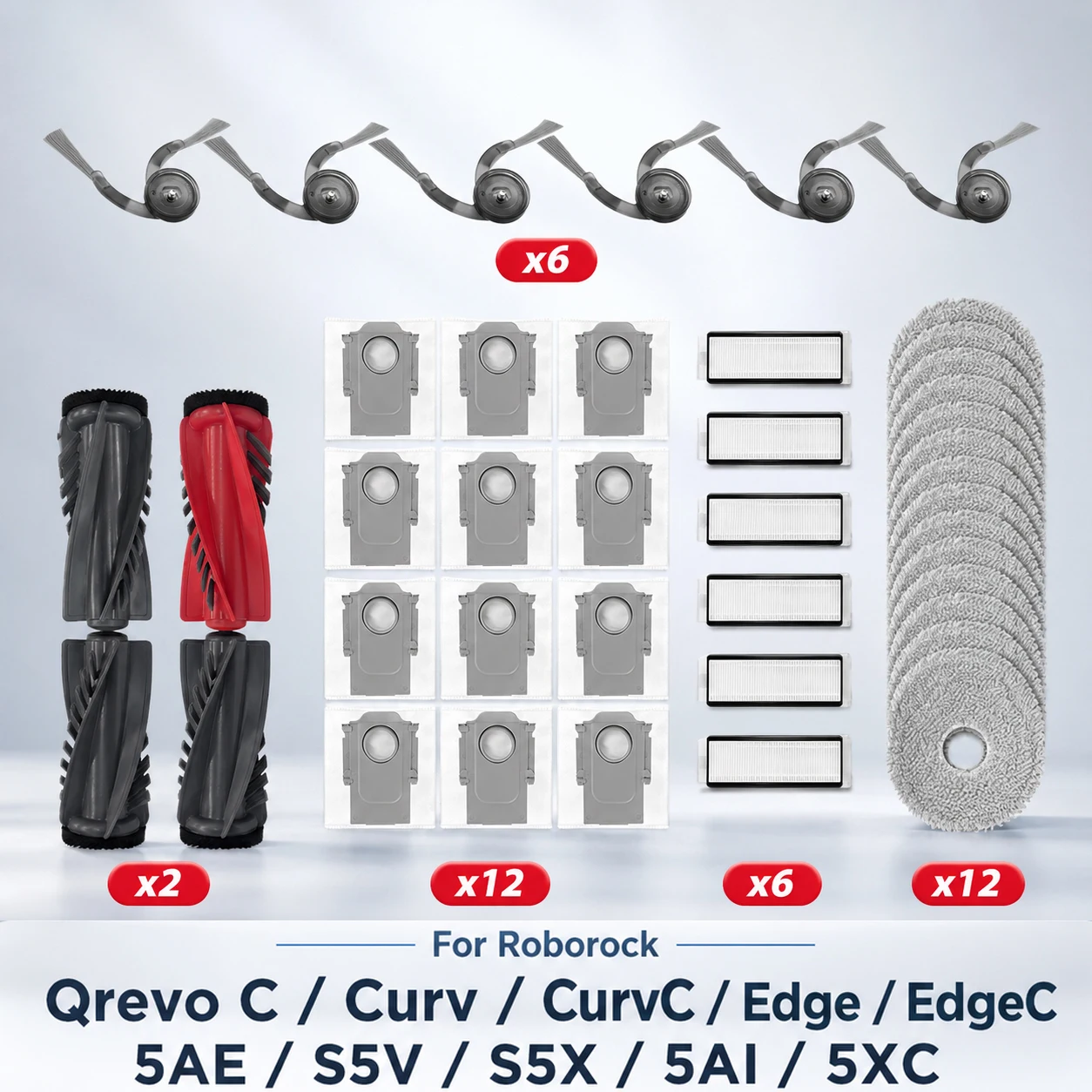 Совместим с Roborock Qrevo C/Curv/CurvC/CurvC PRO/Edge/EdgeC/5AE/S5V/S5X/5AI/5XC Основная боковая щетка HEPA-фильтр Швабра Детали мешка для пыли