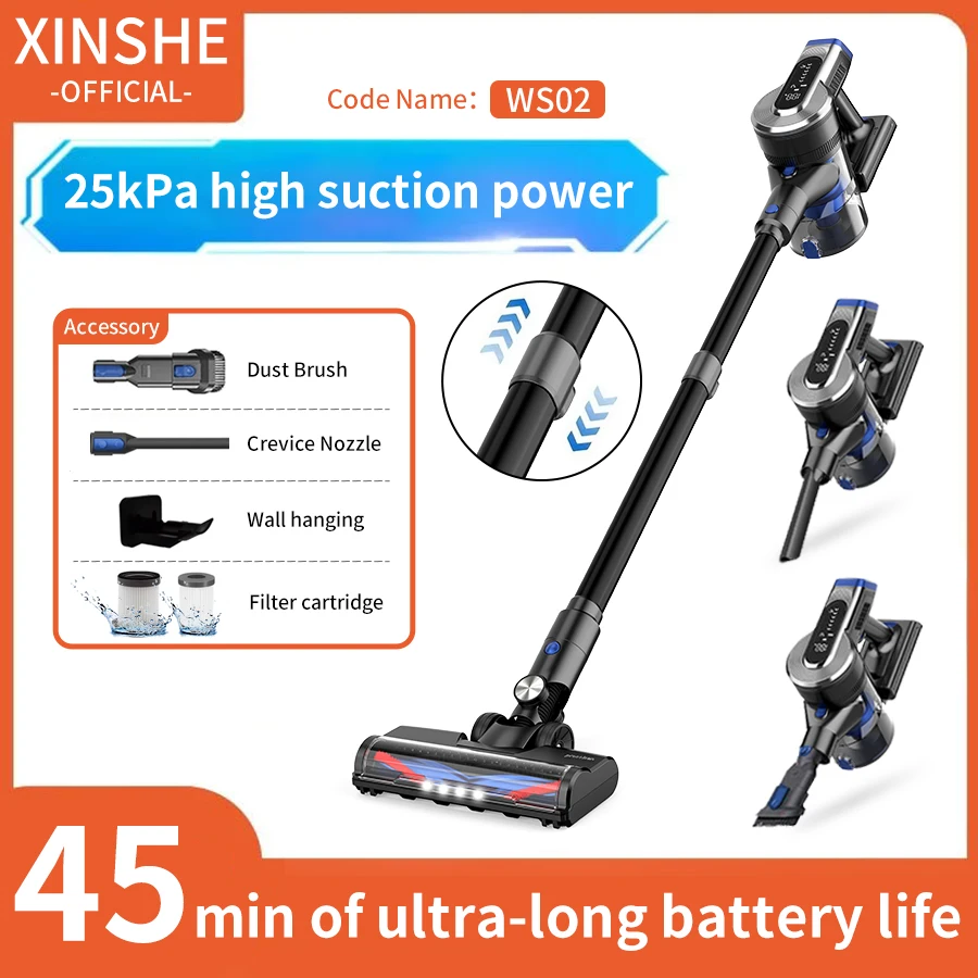 XINSHE Cordless Vacuum Cleaner 25Kpa Powerful Suction, 45 Min Runtime & Lightweight Vacuum for Hardwood Floor Carpet Pet Hair