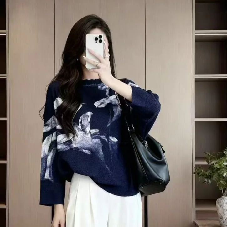 

Miyake Pleated 2025 Autumn and Winter New Printing Bat Long-sleeved Top Female Loose Temperament Casual Pleated T-shirt Female