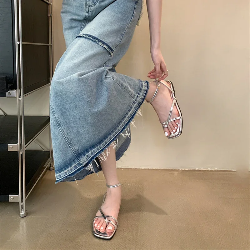 2024 Summer Gladiator Women Sandals Fashion Elegant Narrow Band Clip Toe Shoes Ladies Comfort Flats Beach Ankle Strap Sandalias