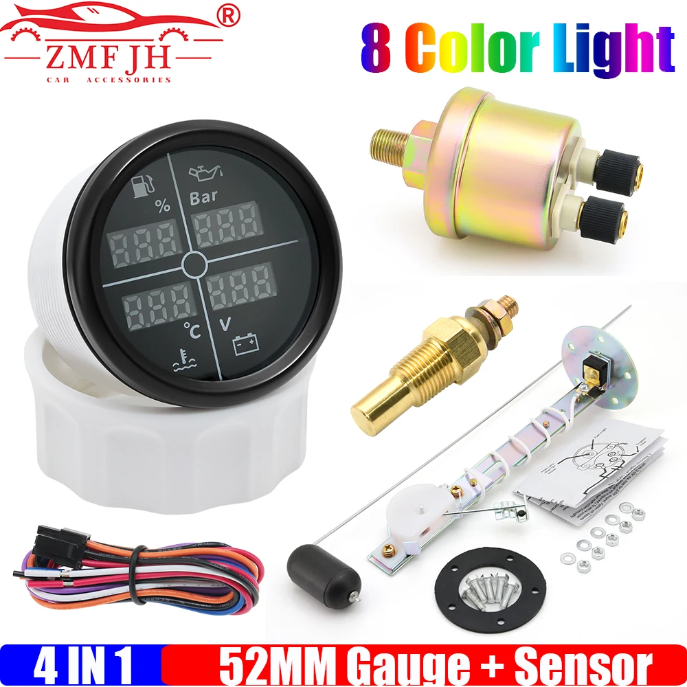 

ZMFJH Digital MultiMeter 4IN1 52MM Fuel Level Gauge+Oil Press+Water Temp+Voltage with Sensor 0-190ohm For Marine Car Boat Yacht