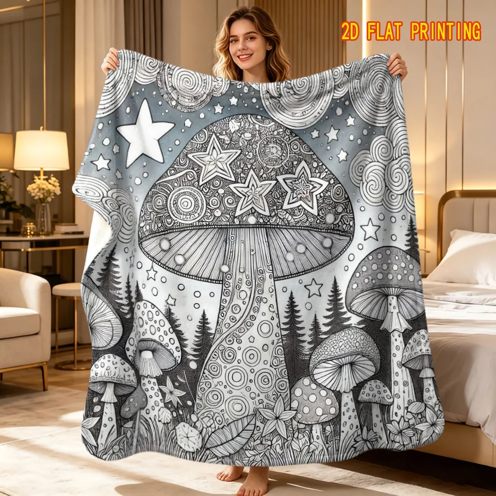 A Coloring and Stress-relief Hand-painted Style Blanket- a Healing Fantasy Forest, Mushroom, Starry Sky, and Night Scene Line Bl