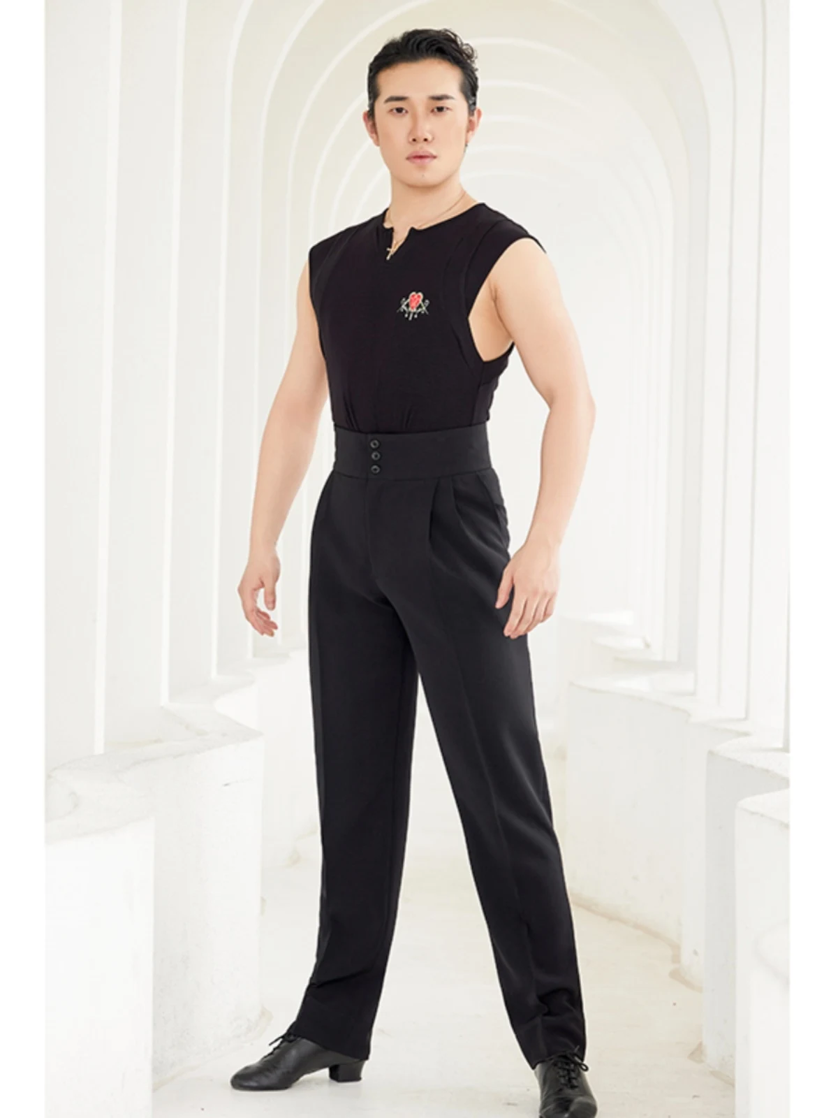 Pantalons de spectacle de danse latine pour hommes, pantalons noirs à Double boutonnage, Chacha Rumba Tango, vêtements de danse latine pour adultes, 2025 DQS16451