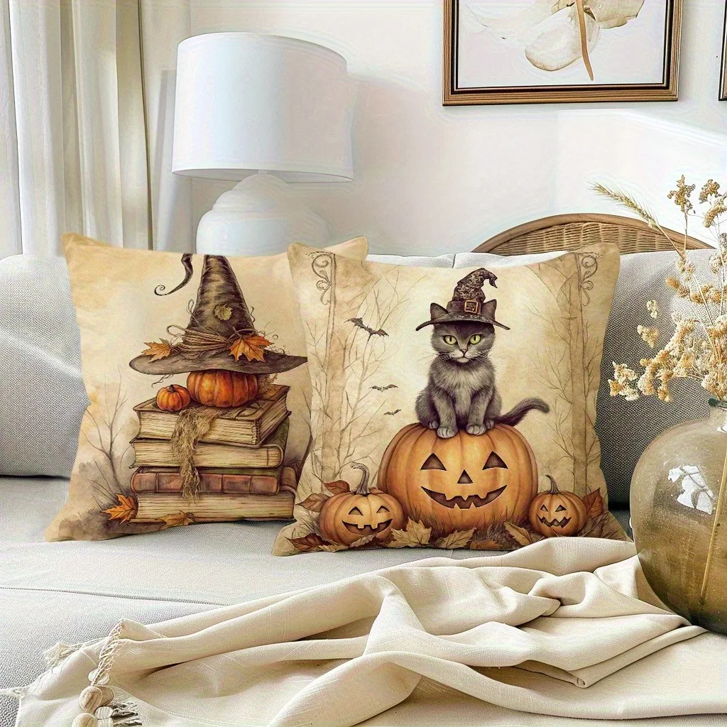 أغطية وسائد الهالوين المخيفة: قطة على اليقطين، جمجمة وفانوس، كرسي وغراب، كتب وقبعة ساحرة، غطاء وسادة أريكة هدية #4
