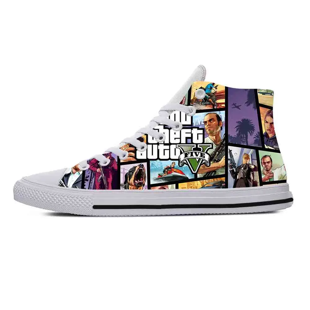 Anime Dos Desenhos Animados Grand Theft Auto GTA V 5 Jogo Engraçado Sapatos de Pano Casuais Alta Top Confortável Respirável 3D Imprimir Homens Mulheres Sneakers