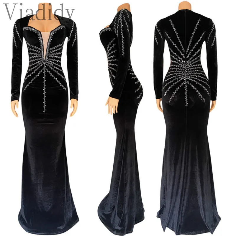 Women Sexy Velvet Mesh Rhinestone V-Neck Floor-Length Evening Party Dress Long Sleeve Back Zipper Mermaid Dresses