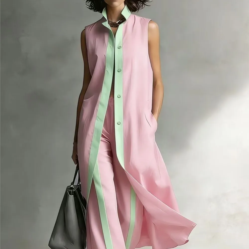 

Casual Loose Trousers Suit Summer Fashion Elegant Contrasting Color Holiday Style Sleeveless Long Top Trousers Two-piece Set