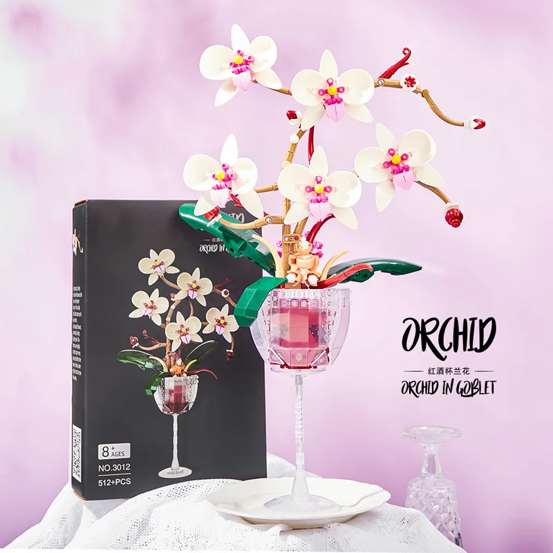 Simulation Orchid Potted Building Block Set with Vase Plant