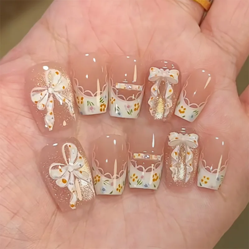 

24pcs Yellow Cat's eye Press on Nails Finished Ins Wearable False Nail Sets BOW Design Stick on Nails Stilettos Fake Nail Tips