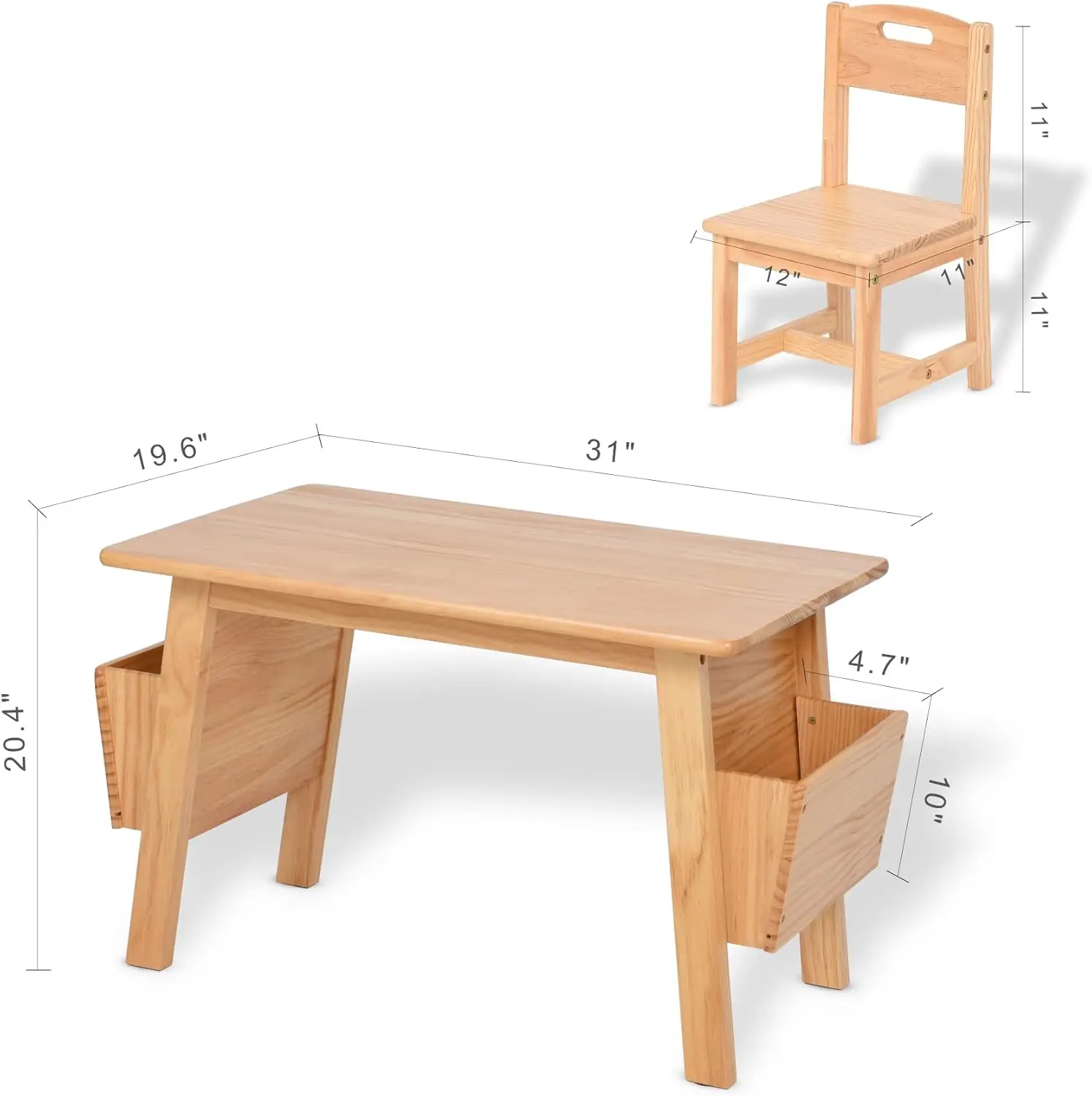 Juego de mesa y 2 sillas de madera maciza para niños con escritorio de almacenamiento y juego de sillas para niños mesa de actividades para niños pequeños (madera maciza/natural)