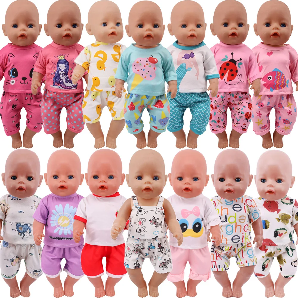 2Pcs/Set Doll Clothes Top+Shorts Summer Suit For 43Cm Baby New Born&18inch American Doll Girl's Cute Cartoon Animal Pattern,Gift