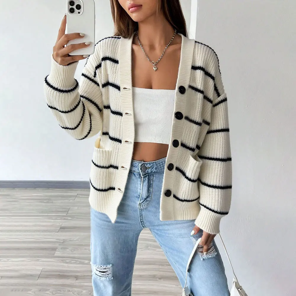 Striped Autumn Women's Cardigan Color Blocked Single Breasted Pockets Female's Knit Sweater Slouchy-Style Slim Knitwear For Lady