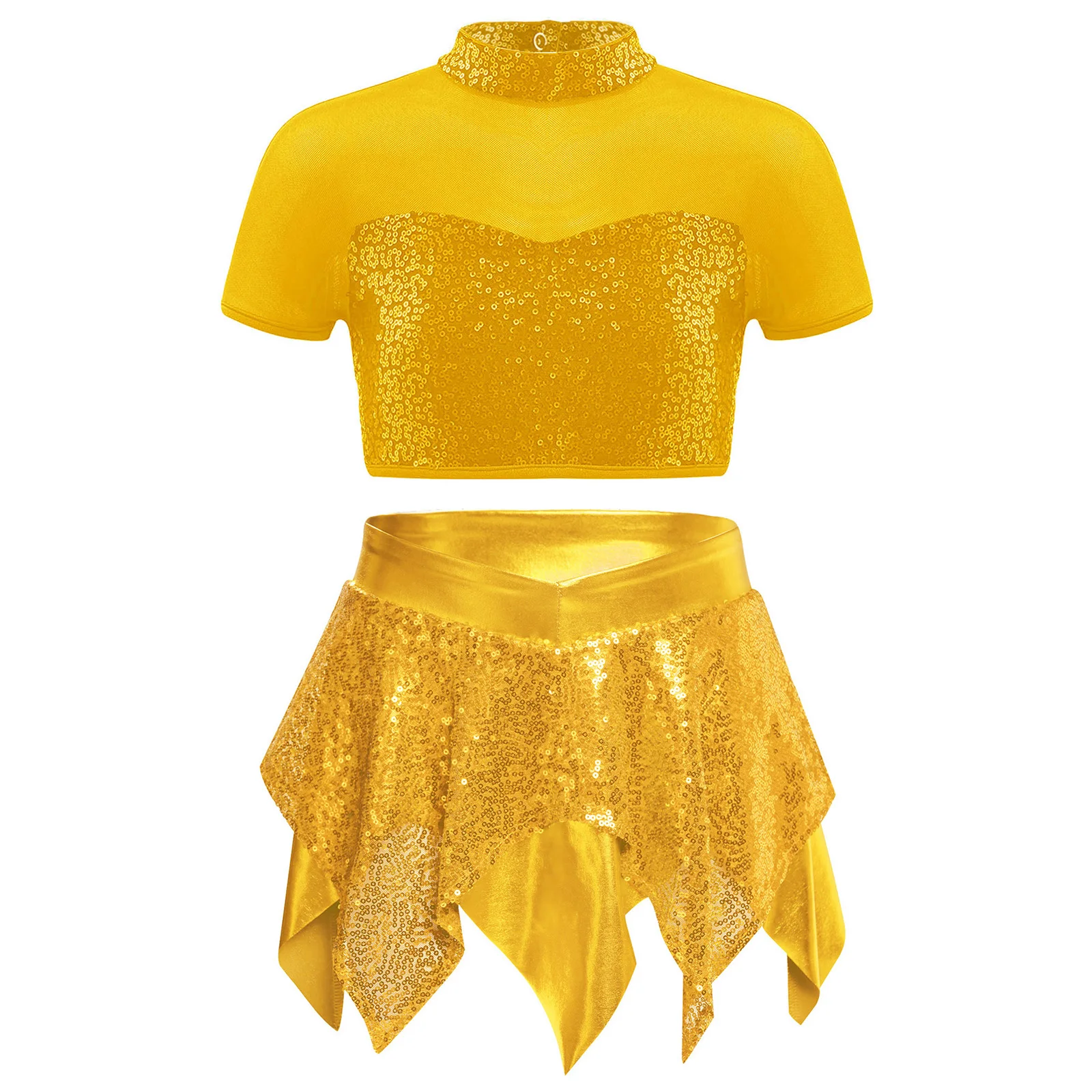 

Girls Jazz Dance Outfit Short Sleeve Mesh Cutout Back Sequin Crop Top with Asymmetrical Metallic Skirt Cheerleader Performance