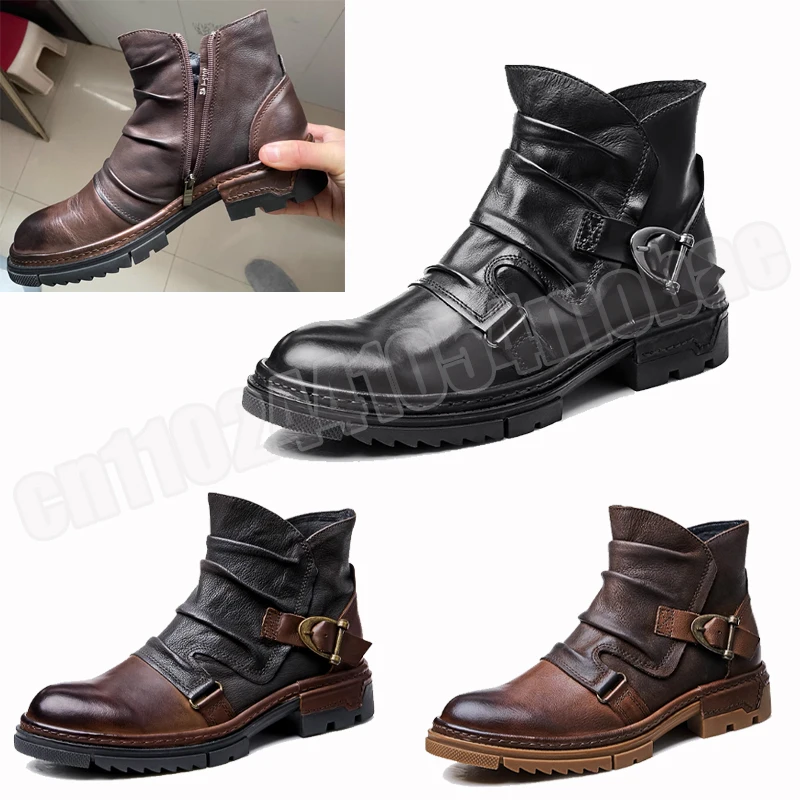 

Retro Men's Motorcycle Genuine Leather Boots British Style Round Head High Top Shoes Casual Platform Boots Moto Street Gear