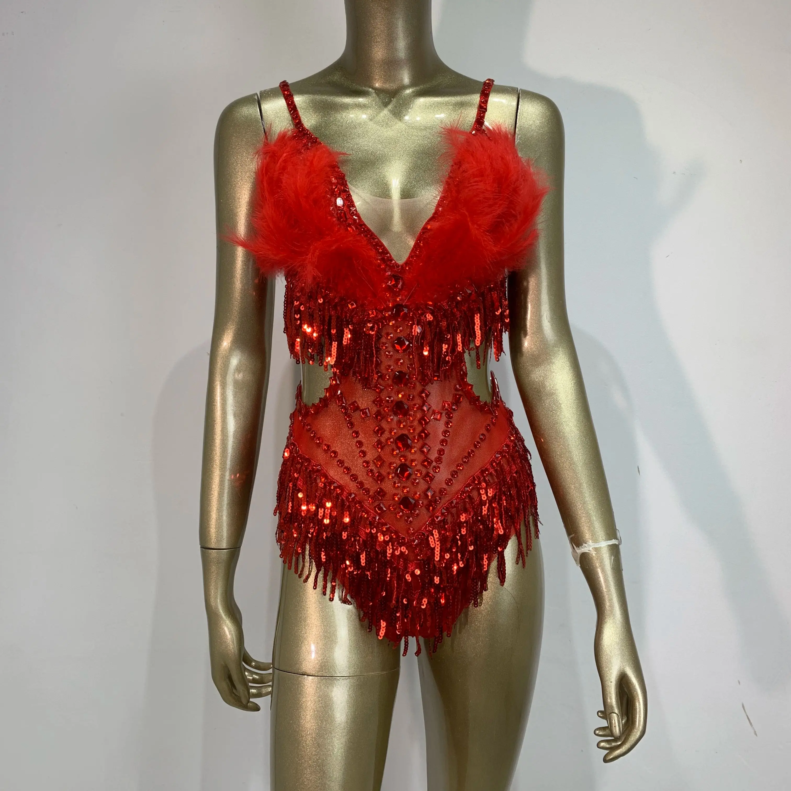 Women Sparkly Diamonds Feathers Bodysuits Sexy Hollow Out Nightclub Bar Performance Singer Dancer Club Party Stage Costume