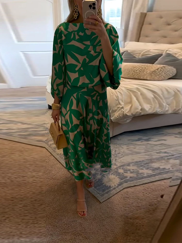 Gedruckt Frauen Rock Anzug Zwei Stück Set Runde Kragen Puff Sleeve Shirt Hohe Taille Röcke Weibliche Sommer Dame Urlaub Outfit