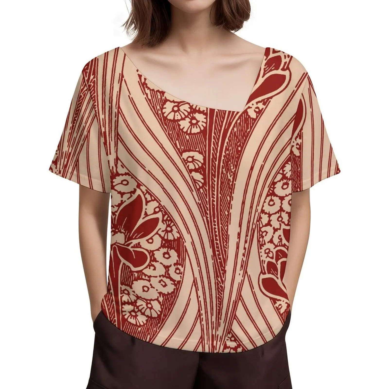 

Custom Traditional Polynesian Art Print Design Casual Women Wear Fashion Sexy Short Neckline Design Women Short Sleeve Top