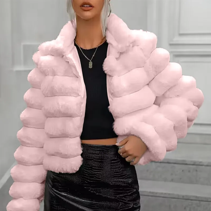 Autumn Winter Short Women's Fashionable Fake Fur Coat Versatile Name Lady Lightweight Luxury Style Double Layer Collar Design