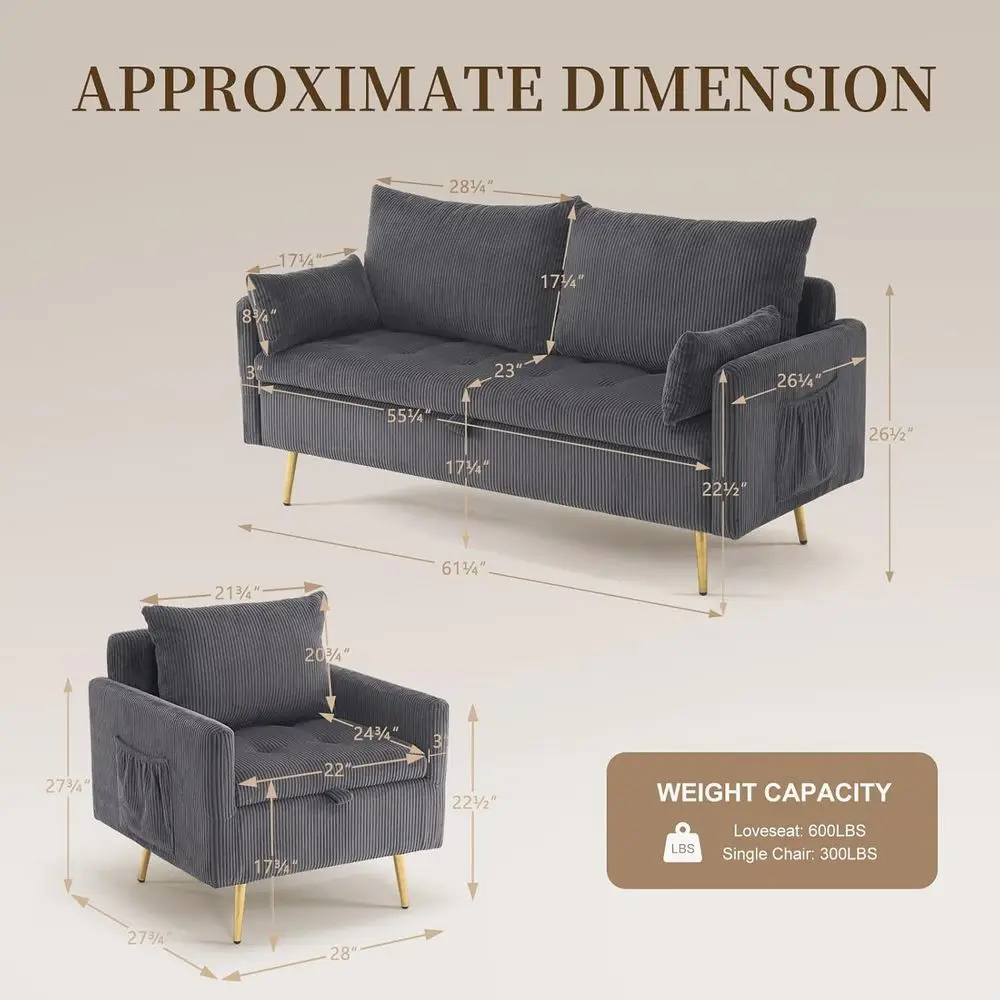 3-Piece Storage Soa and Couch Set, Corduroy Loveseat with 2pc Accent Single Chairs, Small Living Room urniture Set or Aparent, T