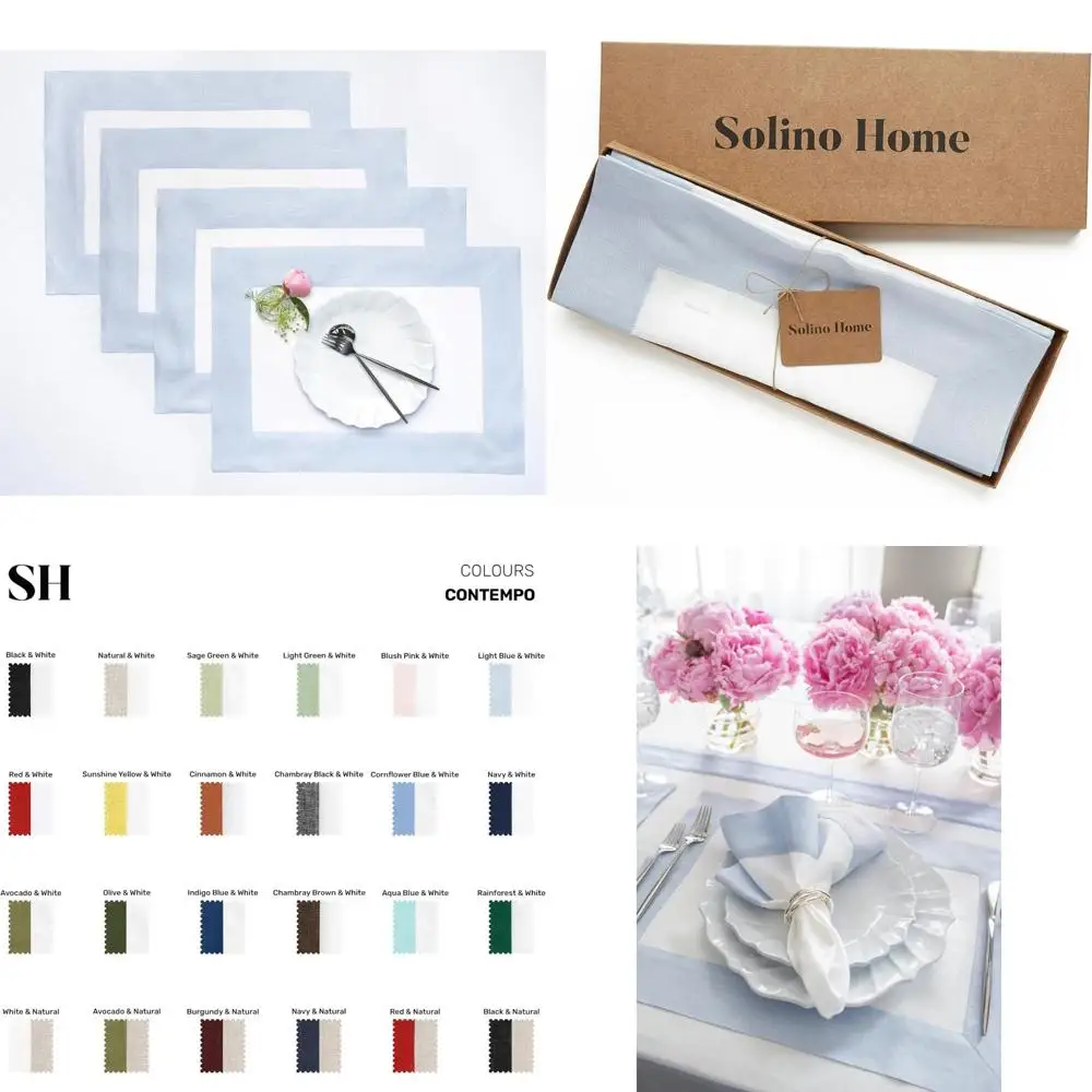 

Pure Linen Table Placemats Set of 4 - Light Blue and White, 14x19 Inches, Contemporary Style, 100% Linen for Elegant Dining