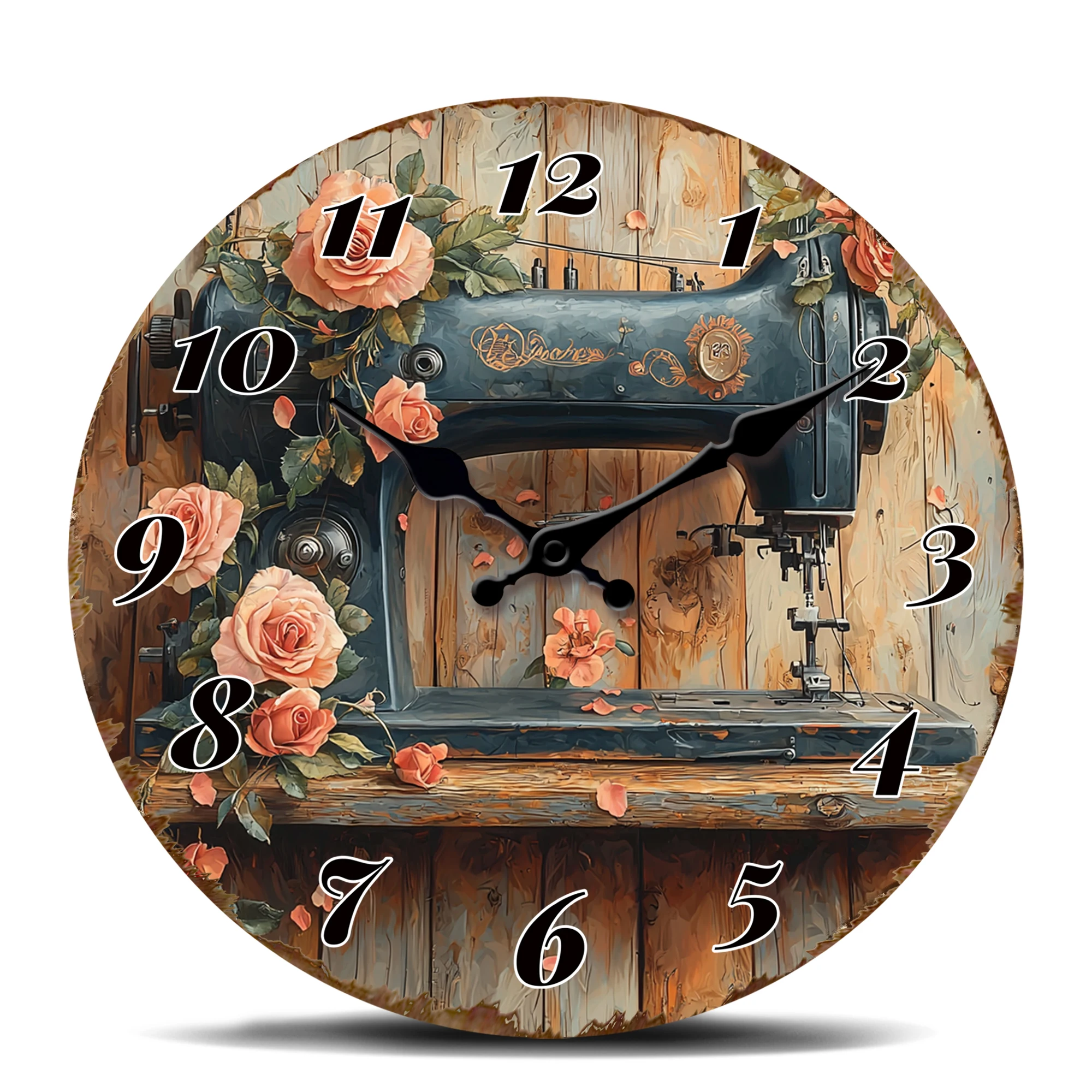 Vintage Nähmaschine mit Rosen Runde Wanduhr - Retro Handwerkskunst Dekorative Zeituhr mit Blumeneleganz
