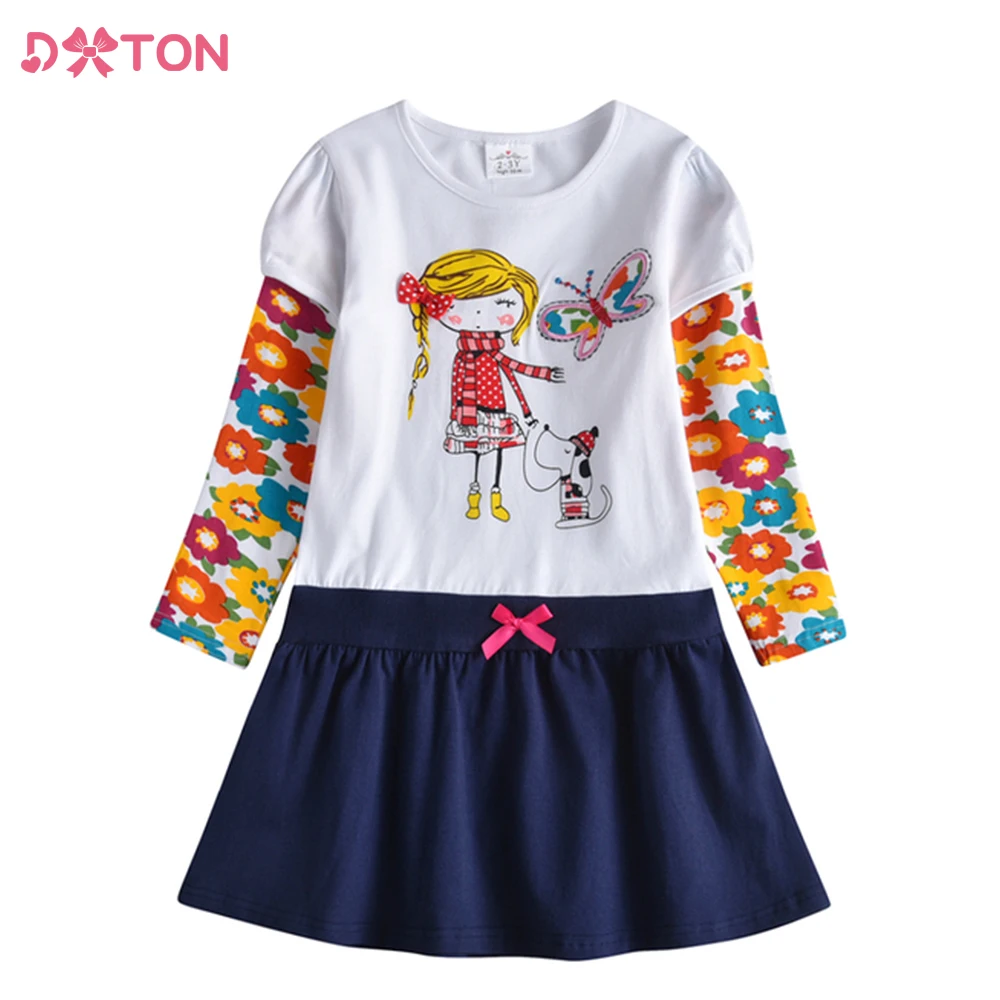 DXTON Girls Cotton Casual Dresses Kids Animals Dogs Butterfly Floral Print Dresses Girls Long Sleeve Autumn Fall Frocks Costumes