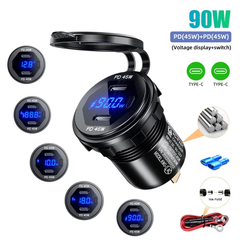 Upgrade Aluminium 90W Dual Car USB Charger Socket 12V/24V Outlet Adapter Waterproof Quick Charge 4.0 PD for Boat SUV Sedan RV