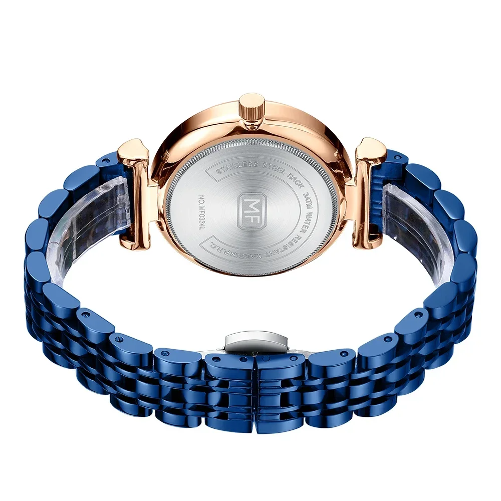 MINI FOCUS-Montre-bracelet à quartz étanche pour femme, montres bleues pour femme, biscuits, entièrement diamant, horloge de marque, 0334L