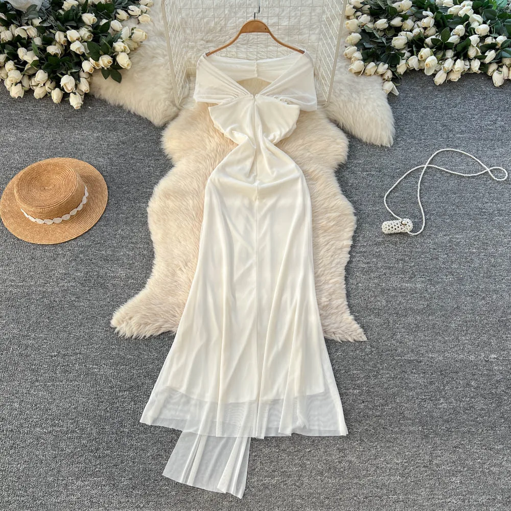 فساتين نسائية صد الصلبة ألف خط فستان شبكي طول الكاحل مائل الرقبة الخصر حزام مشبك معدني سليم صالح حفلة أنيقة 2025 الصيف #2