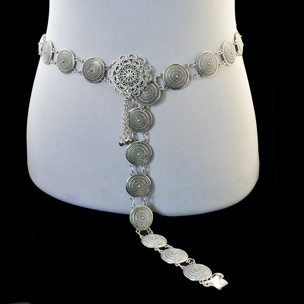 

Hollowed-Out Flower Vintage Waist Chain Women Durable Alloy Dress Chain Silver Color Fashionable Unique Daily Wear Party Wedding