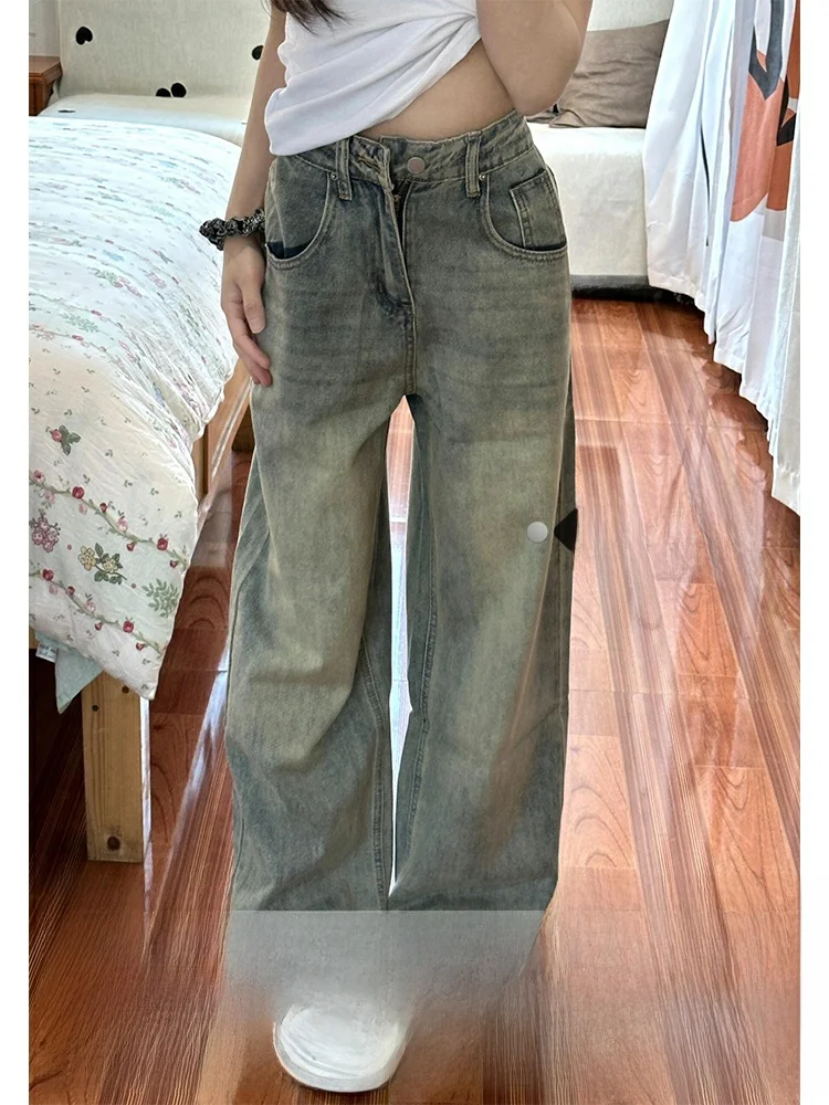 

Джинсы Waed винтажные с высокой талией, широкие, женские, осенне-зимние, прямые, свободного кроя, с эффектом потертости, длиной в пол