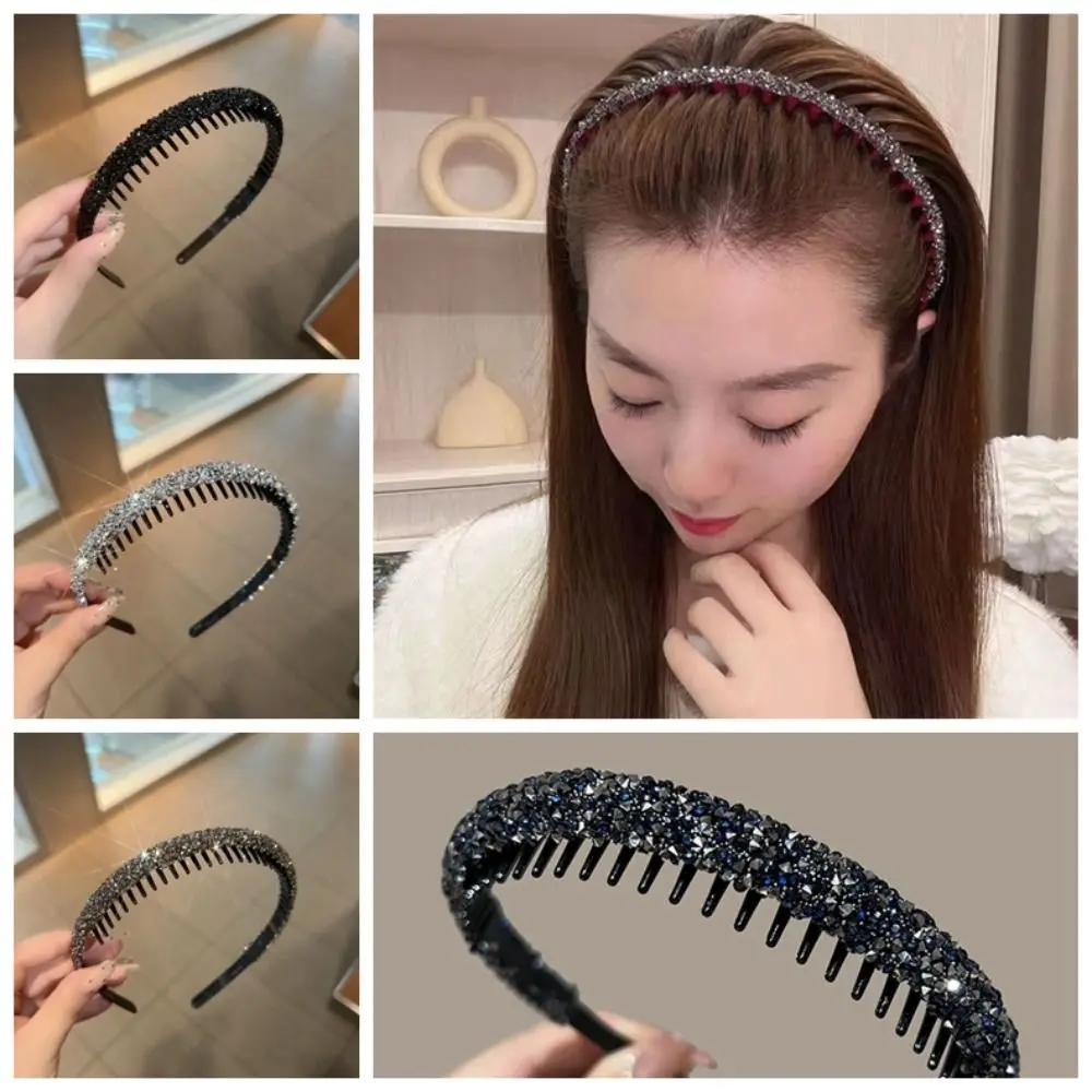 Headband Plastik Vintage Berhiaskan Rhinestone untuk Rias Wajah dan Mencuci Muka, dengan Gaya Korea, Berlian, Anti-Selip