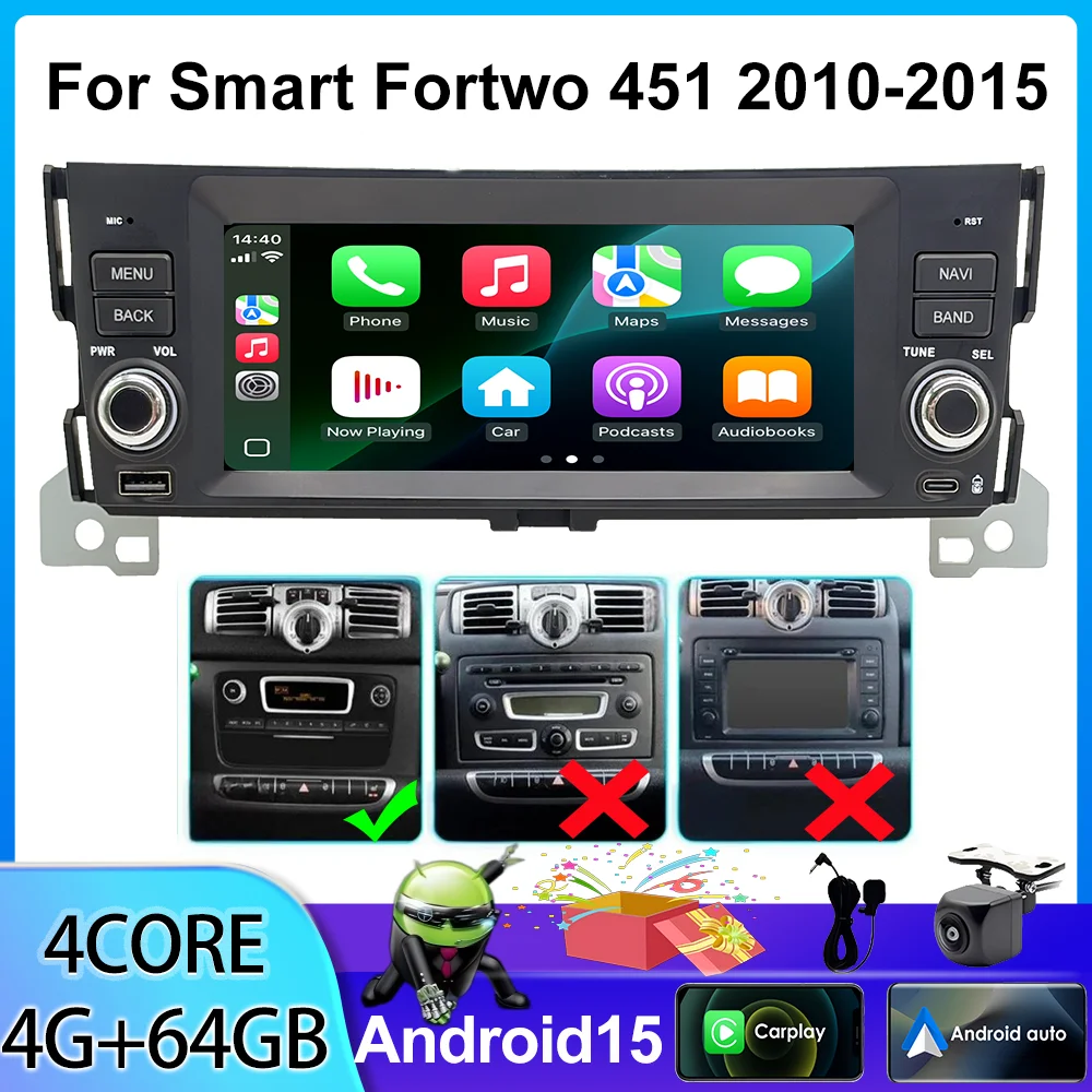 Für Smart Fortwo 451 2010-2015 Android15 Autoradio mit Carplay Android Auto GPS-Navigation WLAN SWC BT FM RDS Multimedia-Player