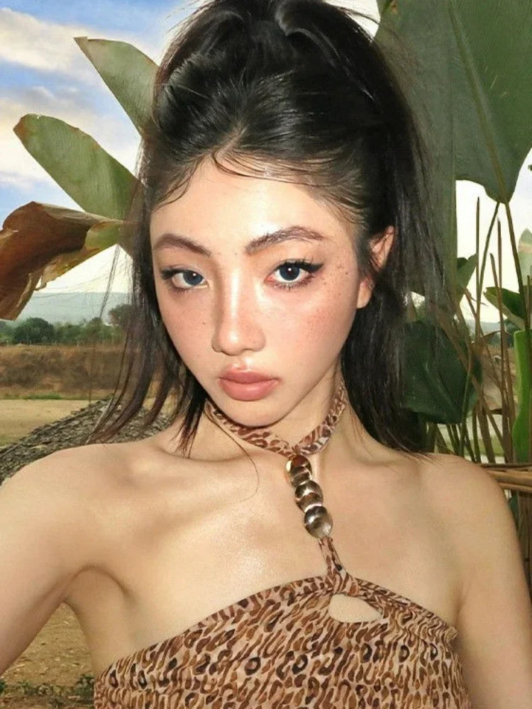 مثير ليوبارد طباعة Y2k الجمالية تانك القمم الشارع الشهير الرسن خمر الجوف خارج الدبابات Harajuku Bodycon عارية الذراعين بروتيل الصيف