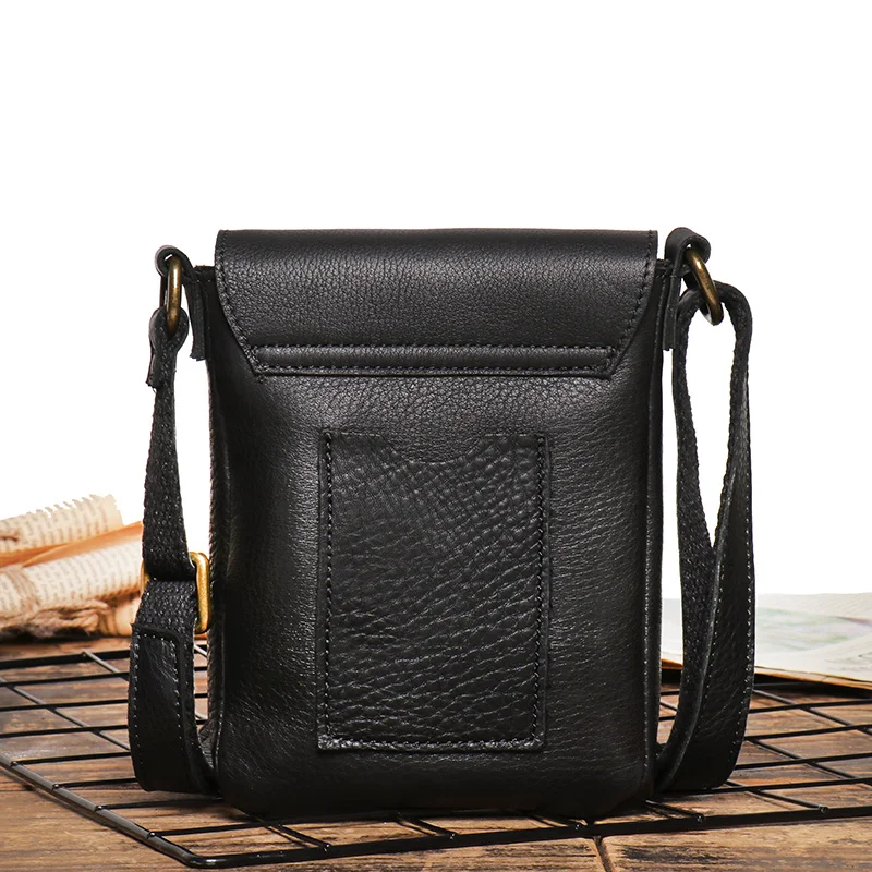 Petit sac à bandoulière rétro en cuir véritable pour homme, sac à rabat initié, design minoritaire, téléphone simple, noir