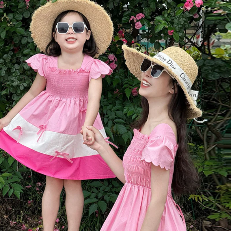Parent-child Dress Summer Mother-daughter Sweet Gown Children short-sleeved Vestidos New Mommy Girl Family Matching Outfits  Q..