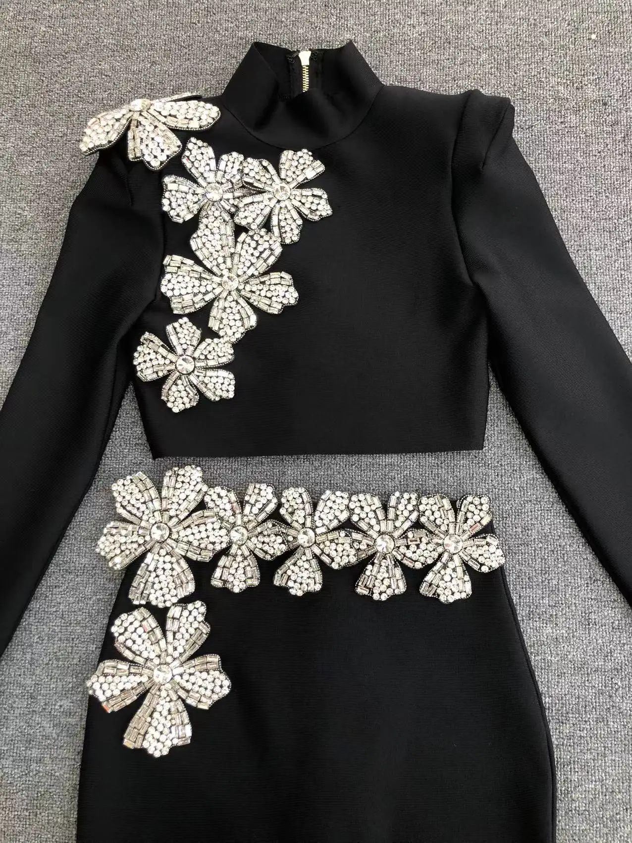 Hot Selling Fashion Women Half High Neck Long Sleeved Floral Diamond Short top&Hip Wrapped Skirt Black Bandage Two-piece Sets