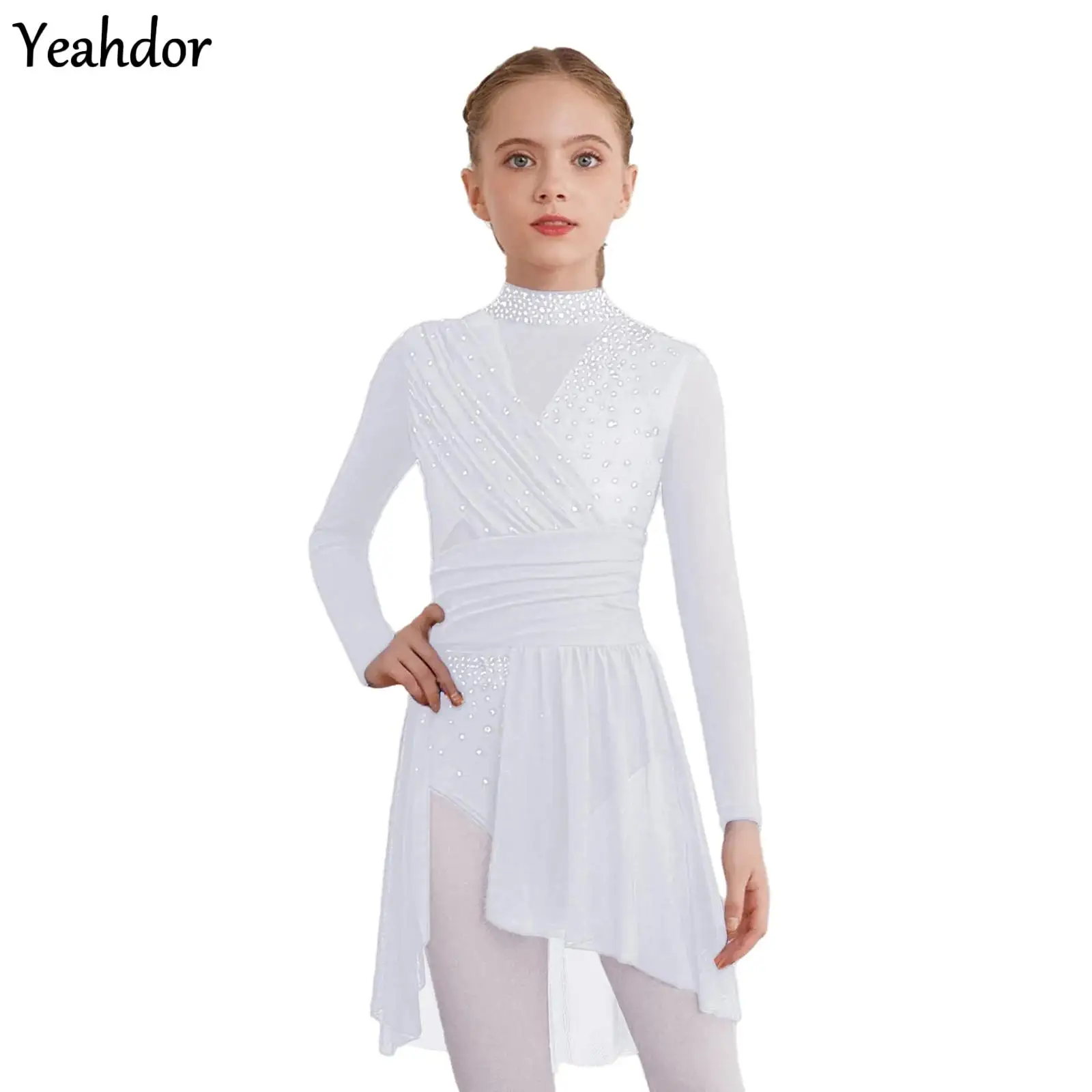

Kids Girls Lyrical Dance Dress Long Sleeve Cutout Back Side Split Sheer Mesh Rhinestones Ballet Gymnastics Skating Leotard Dress