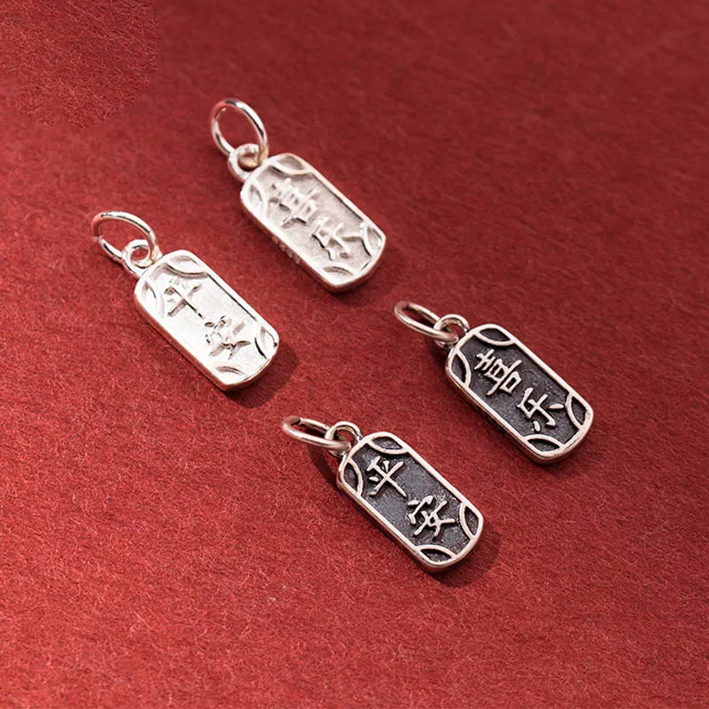 1pc/Lot 925 Sterling Silver Chinese Blessing Rectangle Charms 14x6mm Be Happy and Safety Dangle Pendants DIY Jewelry Unisex Gift