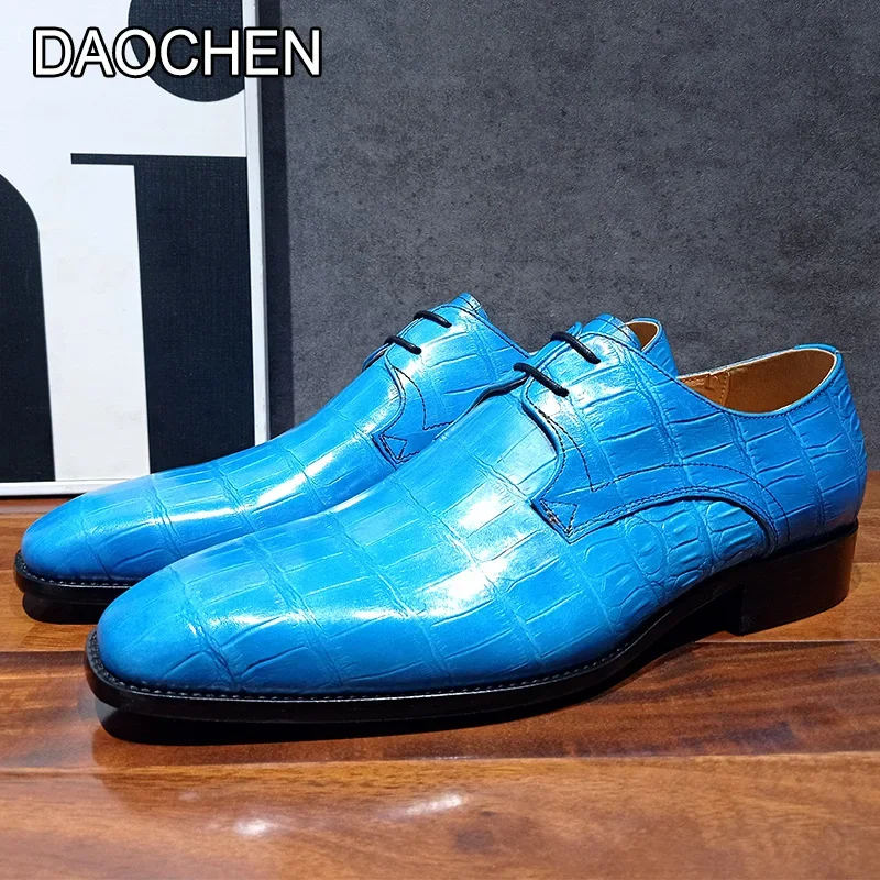 ITALIAN MEN LEATHER SHOES BLACK SKY BLUE CASUAL MENS DRESS SHOES CROCODILE PATTERN OFFICE WEDDING DERBY SHOES FOR MEN