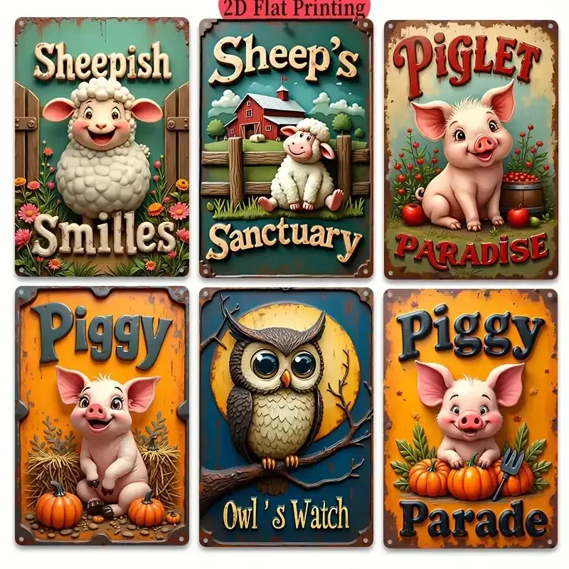 2D Flat, 6pcs Retro Farm-Themed Metal Wall Art Sign - Country Style Decoration, Including Sheep, Pigs, Owls And Farmhouse Design