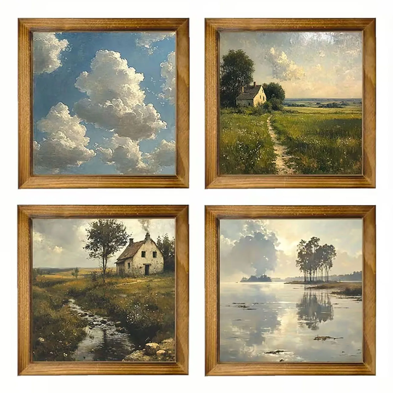4 Pack Wooden Vintage Rural Wall Decor Cloud Cottage Lake Scenery Nano Tape Drill Free Farmhouse Wall Ornament