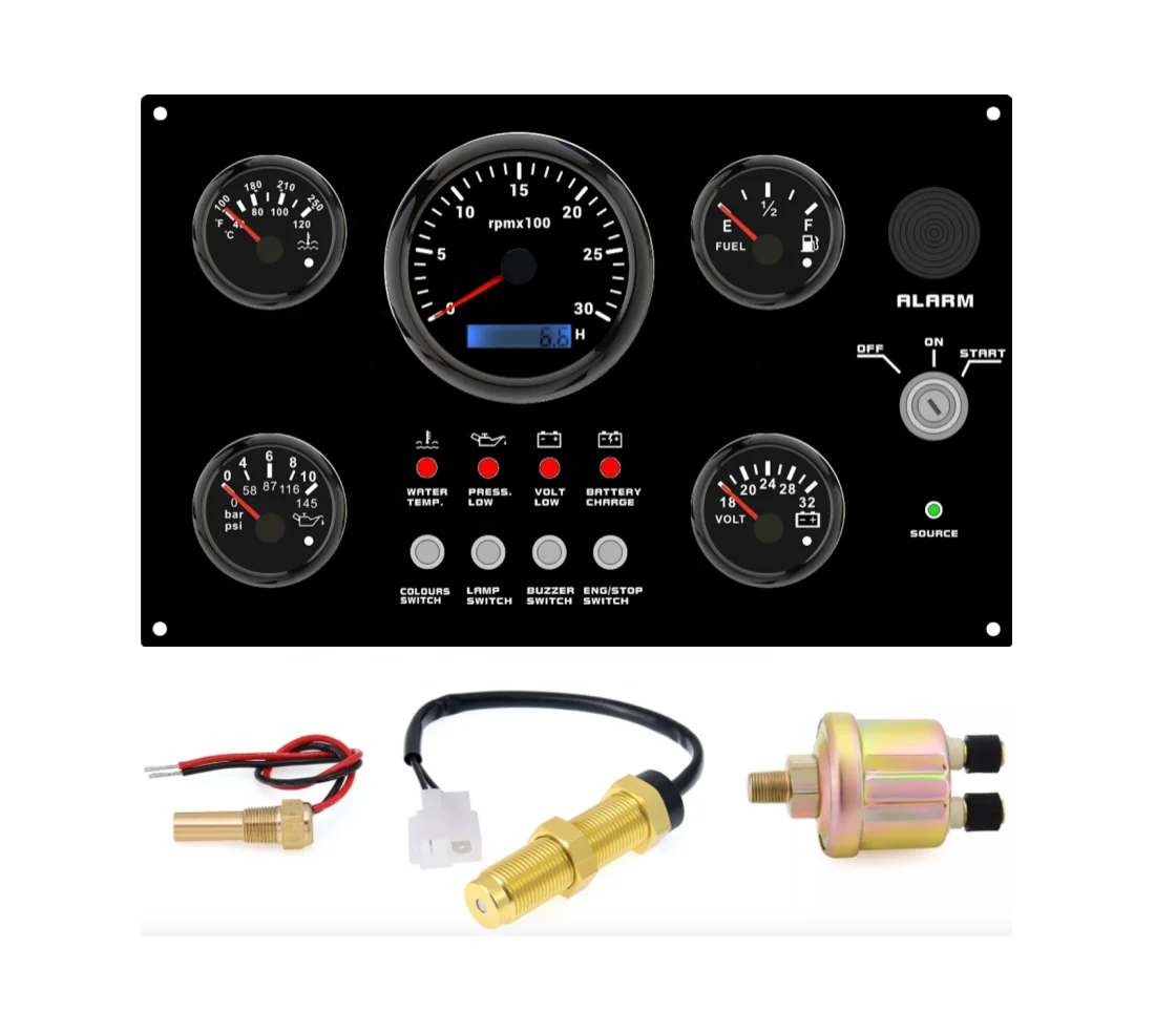5 Gauge Multifunctional Tachometer Set Black Dial Marine Dash Gauge for Boat Engineered Vehicle Fuel Level Water Temperature Oil