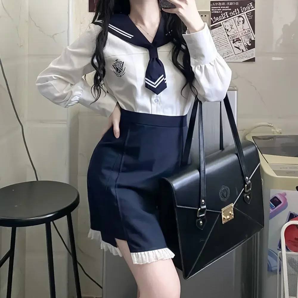 Originale coreano Jk uniforme 2 pezzi a maniche lunghe Top a maniche corte con cravatta bordo in pizzo borsa Hip gonna scuola ragazza Kawaii Sailor Suit